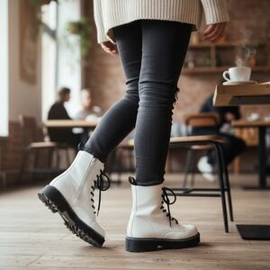 White Leather Doc Marten Inspired Side Zipper Black Rubber Heel Boots